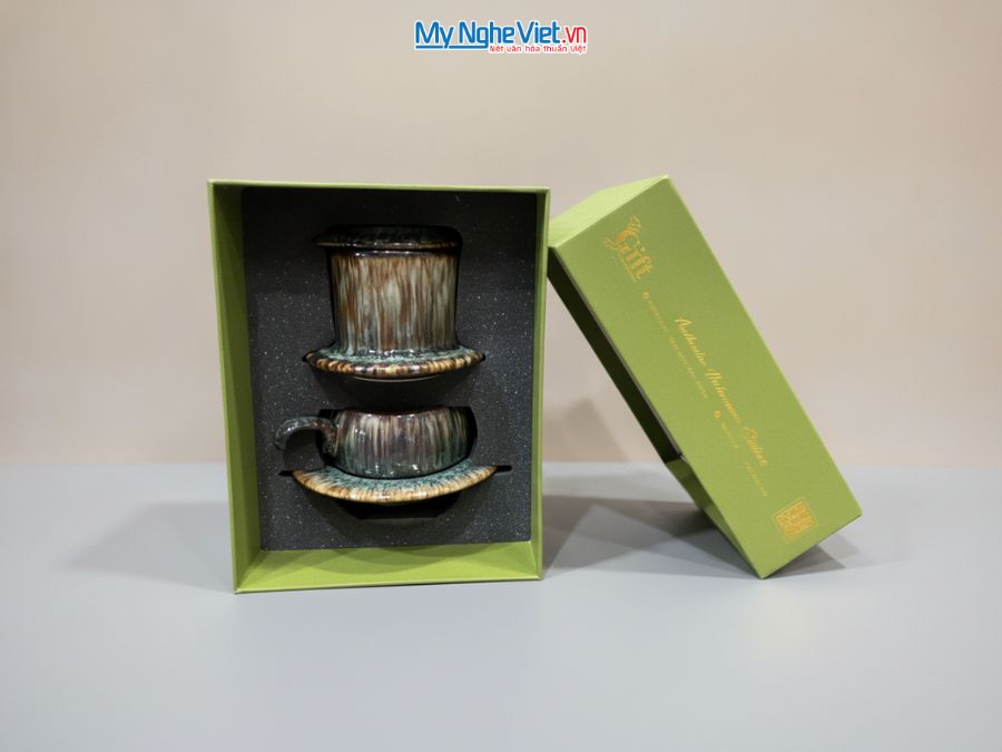 Bộ quà tặng Phin cà phê thấp men hỏa biến và Hộp quà tặng cao cấp MNV-CFVH03/1