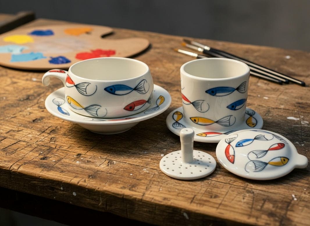 Phin cà phê thấp vẽ cá đàn màu CFVH004.2