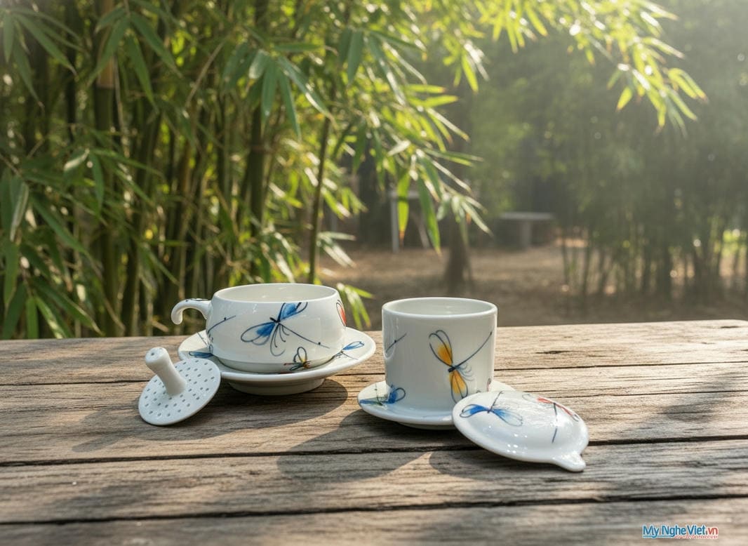 Phin cà phê thấp vẽ chuồn kim xanh đỏ CFVH004.1