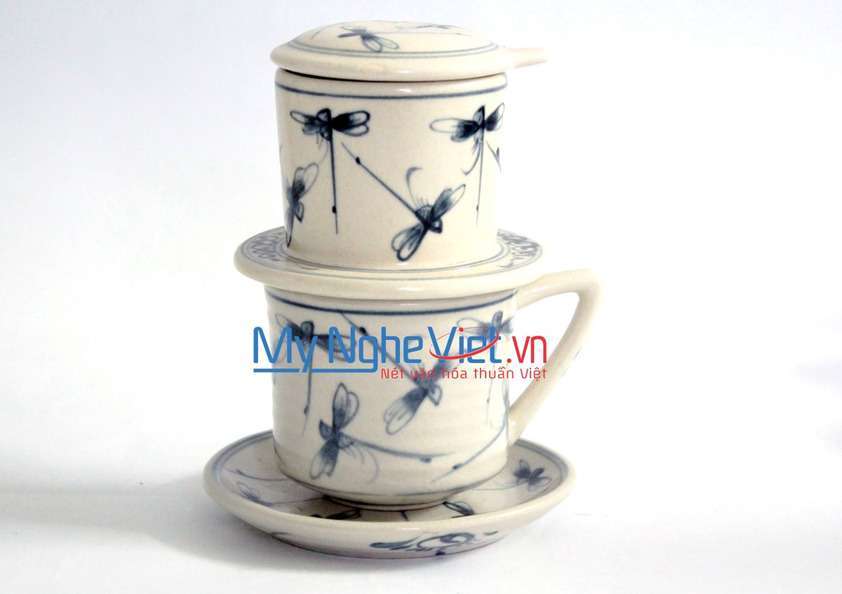 Pottery Coffee Filter (Dripper) with Blue Dragonfly Pattern (with saucer) MNV-CFT002/1