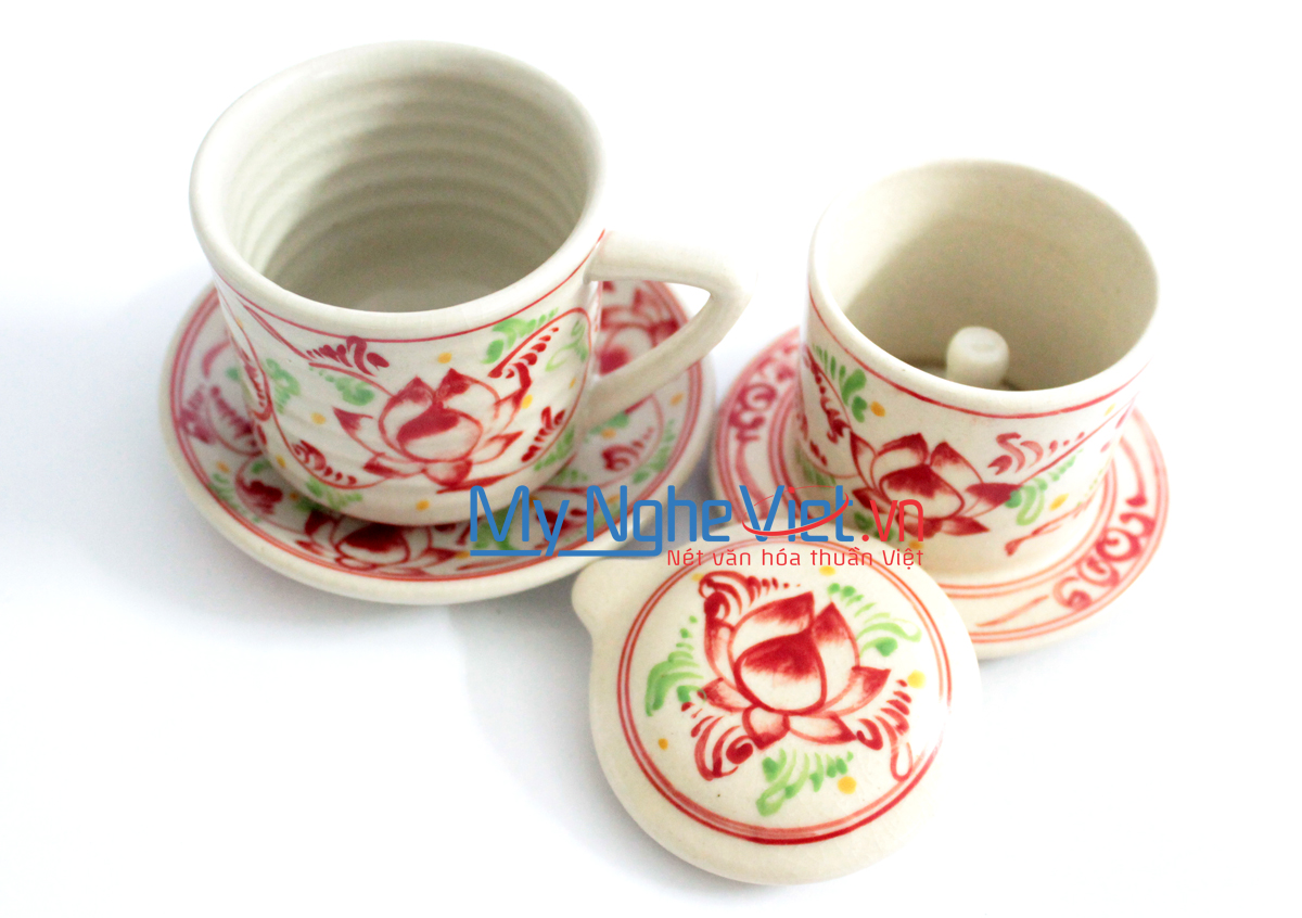 Pottery Coffee Filter with Red Lotus Flower Pattern (with saucer) MNV-CFT002