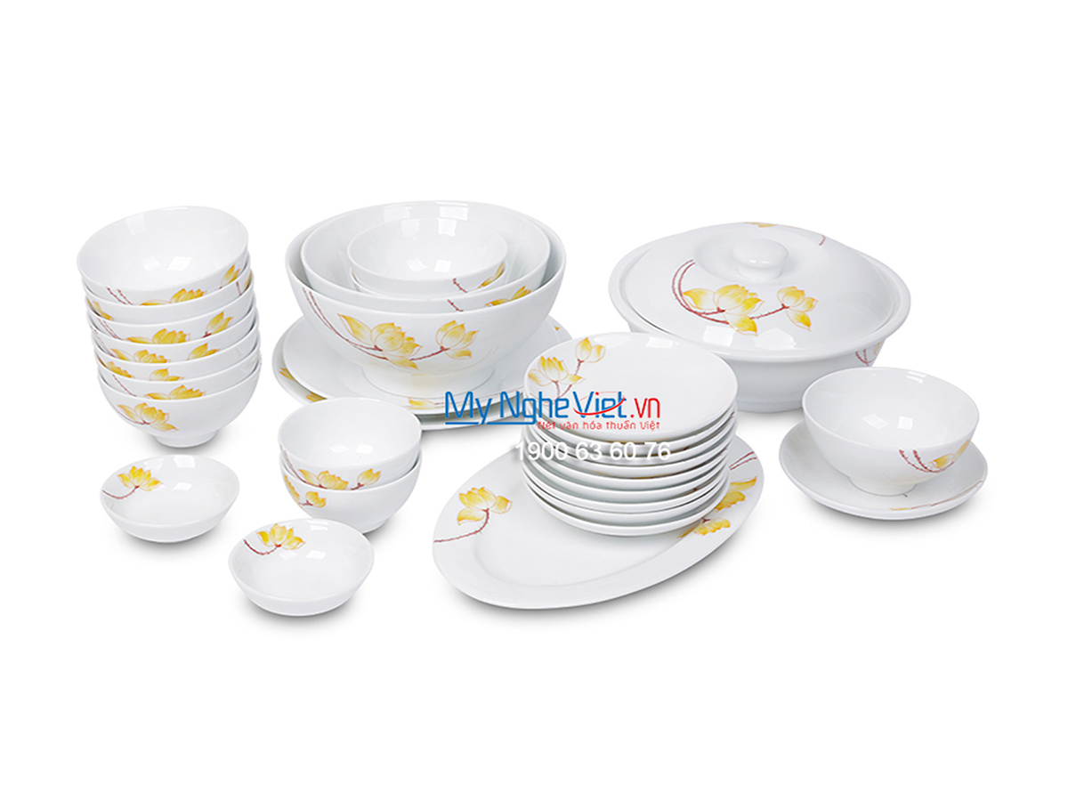Bộ chén dĩa bàn ăn men trắng vẽ sen vàng dành cho 10 người MNV-BBA02-9