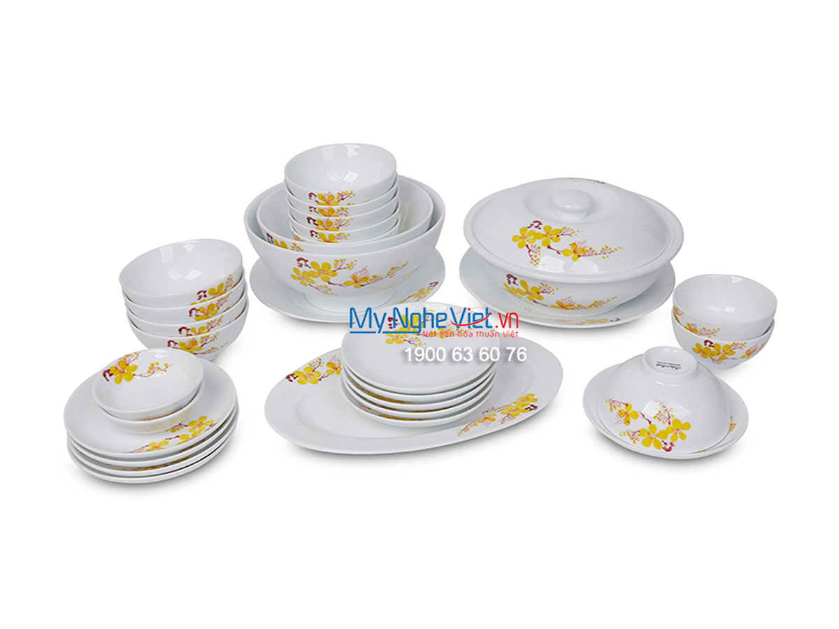 Bộ chén dĩa bàn ăn men trắng vẽ hoa mai dành cho 10 người MNV-BBA02-16