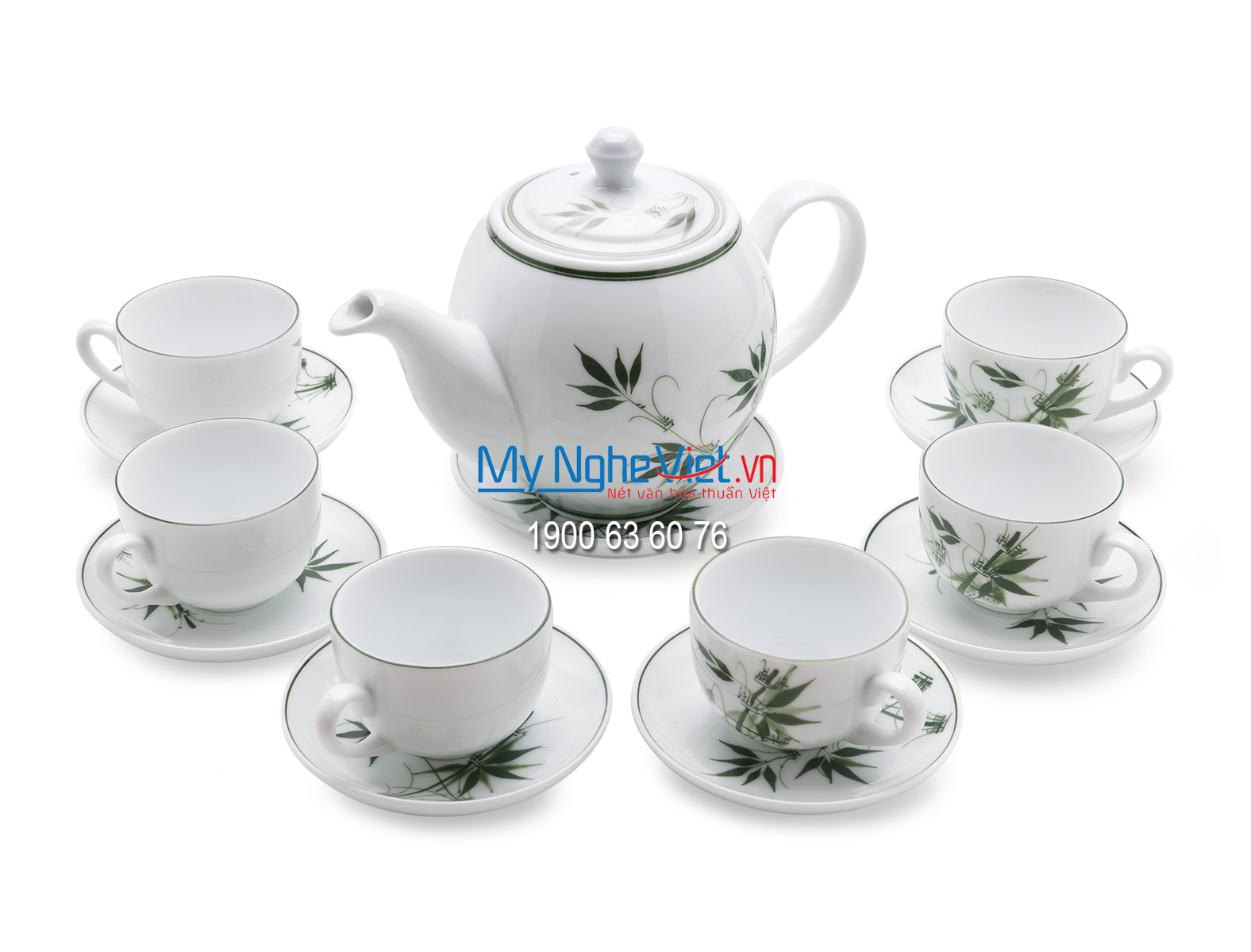 Bộ Bình Trà Bát Tràng Men Trắng vẽ tre trúc xanh MNV-TS001-1 (HÀNG ĐẶT)