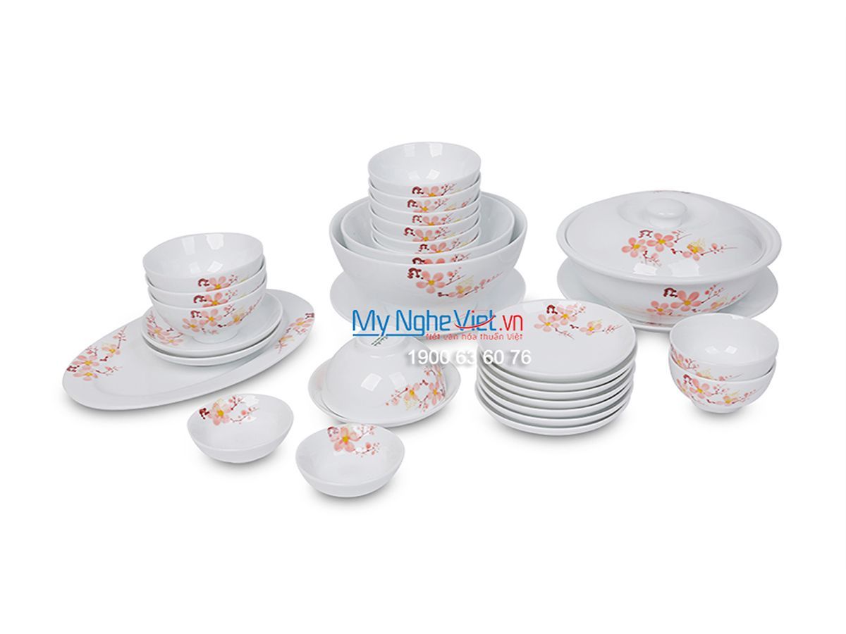 Bộ chén dĩa bàn ăn men trắng vẽ hoa đào dành cho 10 người MNV-BBA02-10