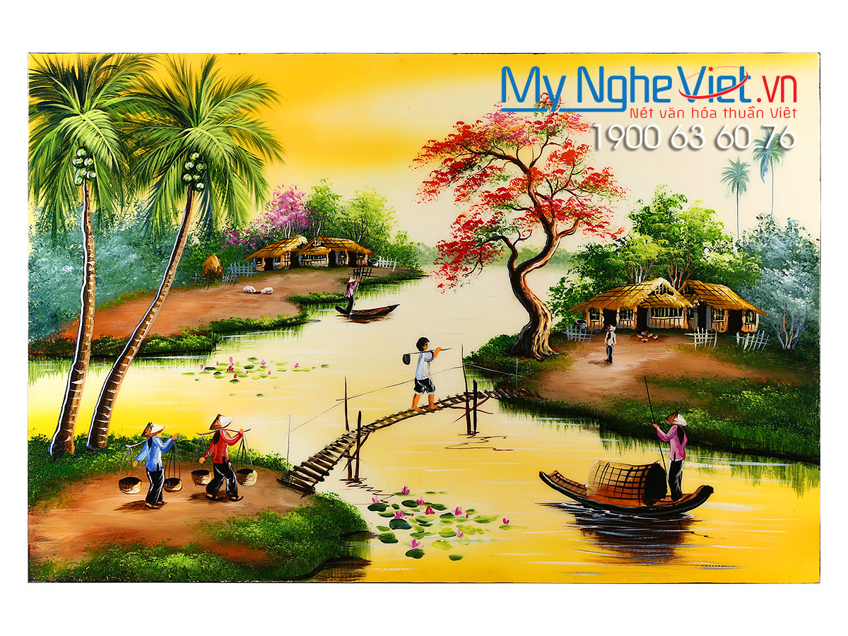 Tranh Sơn mài 3D Đồng Quê Thanh Bình Cao Cấp MNV-SMH3D693