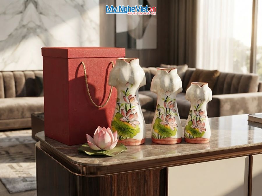 Set 3 Bình Hoa Gốm Bát Tràng Áo Dài Hoa Sen 25-30-35cm MNV-LHGLH03/5