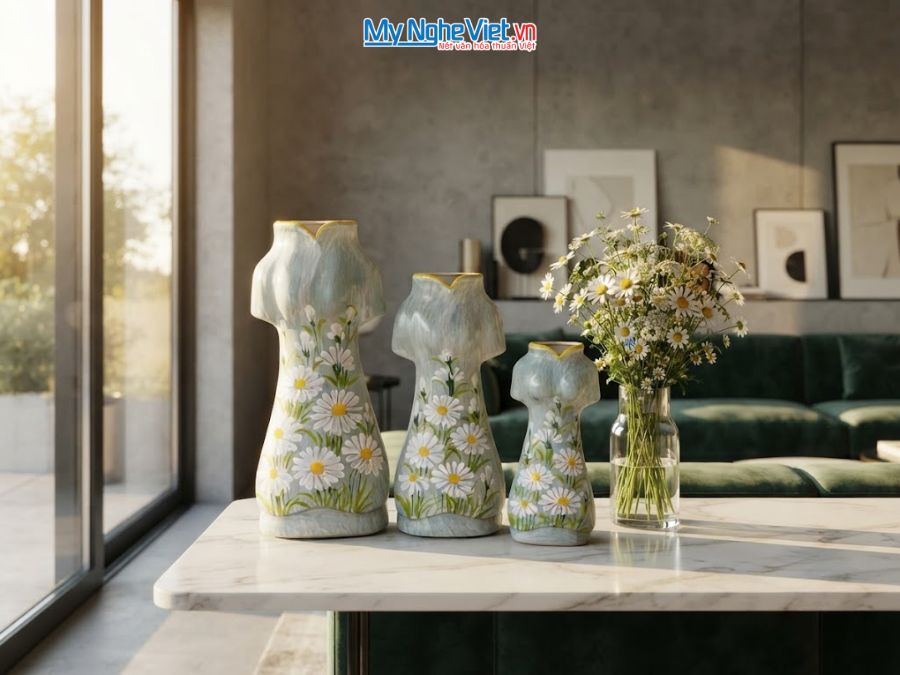 Set 3 Bình Hoa Gốm Bát Tràng Áo Dài Hoa Cúc Họa Mi 25-30-35cm MNV-LHGLH03/3
