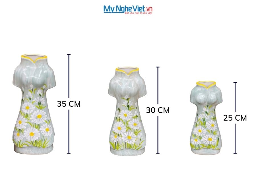 Set 3 Bình Hoa Gốm Bát Tràng Áo Dài Hoa Cúc Họa Mi 25-30-35cm MNV-LHGLH03/3