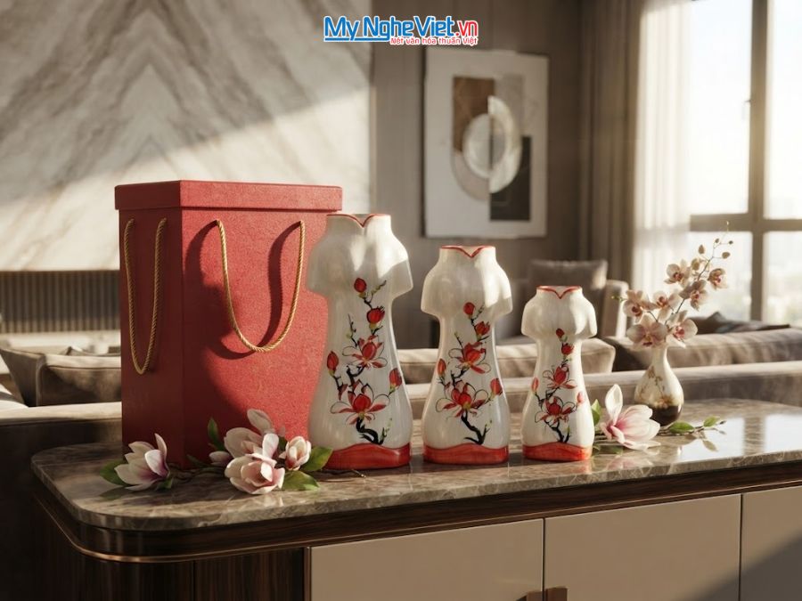 Set 3 Bình Hoa Gốm Bát Tràng Áo Dài Hoa Mộc Lan 25-30-35cm MNV-LHGLH03/2