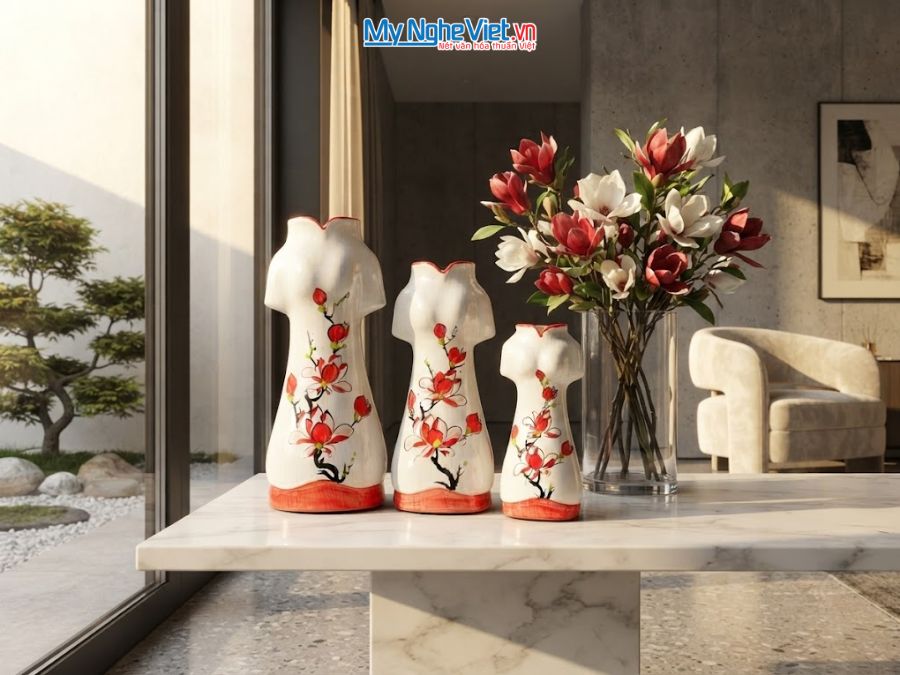 Set 3 Bình Hoa Gốm Bát Tràng Áo Dài Hoa Mộc Lan 25-30-35cm MNV-LHGLH03/2