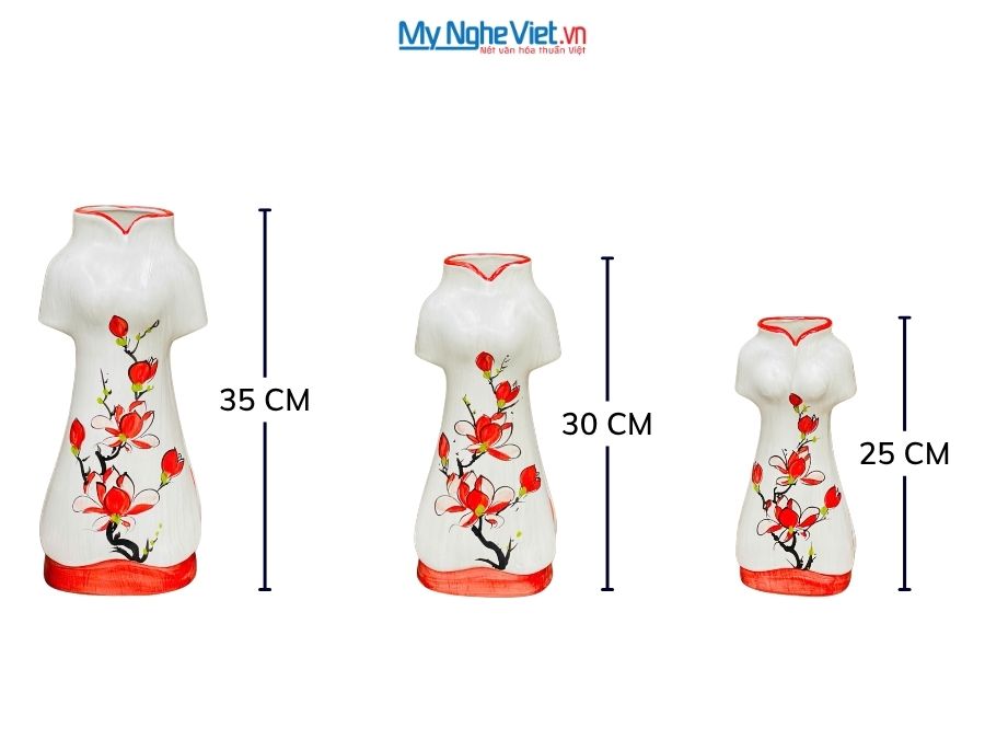 Set 3 Bình Hoa Gốm Bát Tràng Áo Dài Hoa Mộc Lan 25-30-35cm MNV-LHGLH03/2