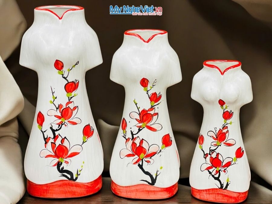 Set 3 Bình Hoa Gốm Bát Tràng Áo Dài Hoa Mộc Lan 25-30-35cm MNV-LHGLH03/2