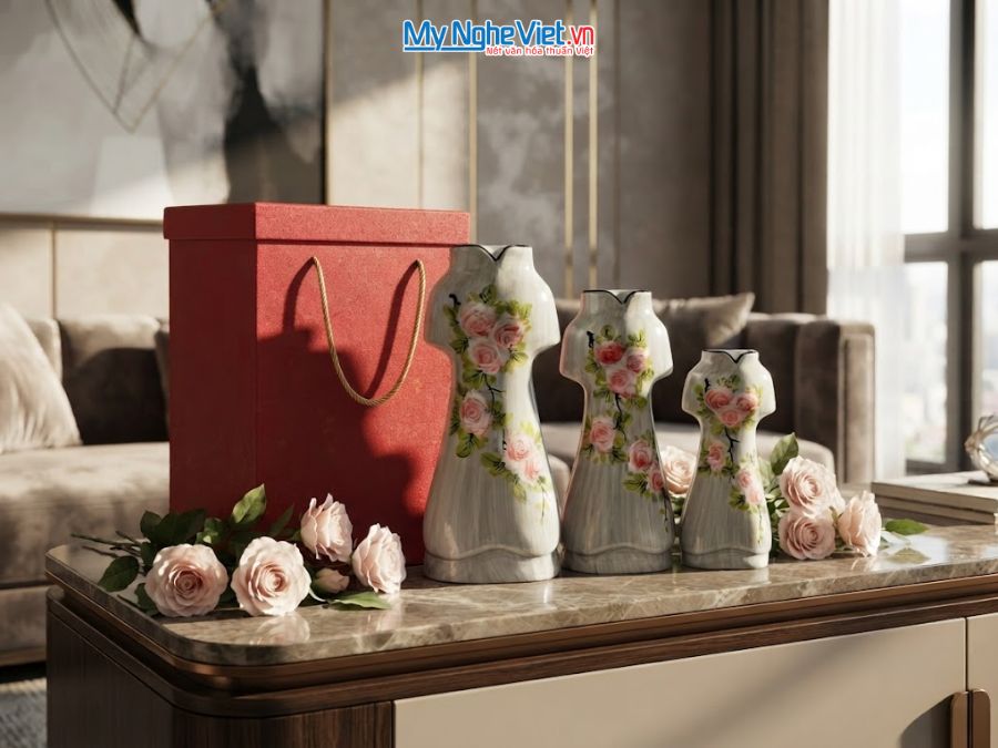 Set 3 Bình Hoa Gốm Bát Tràng Áo Dài Hoa Hồng 25-30-35cm MNV-LHGLH03/1