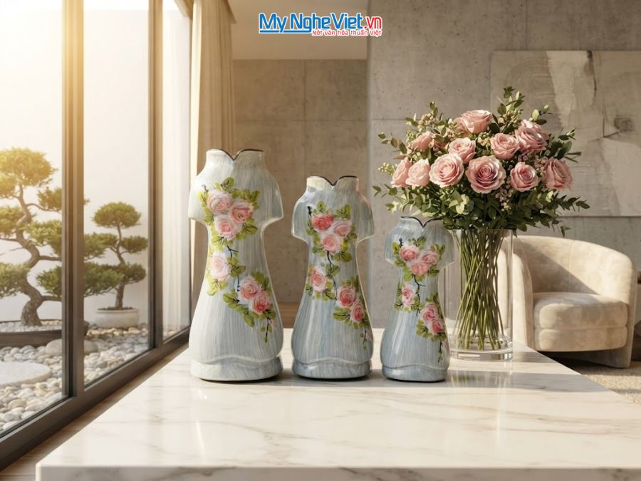 Set 3 Bình Hoa Gốm Bát Tràng Áo Dài Hoa Hồng 25-30-35cm MNV-LHGLH03/1
