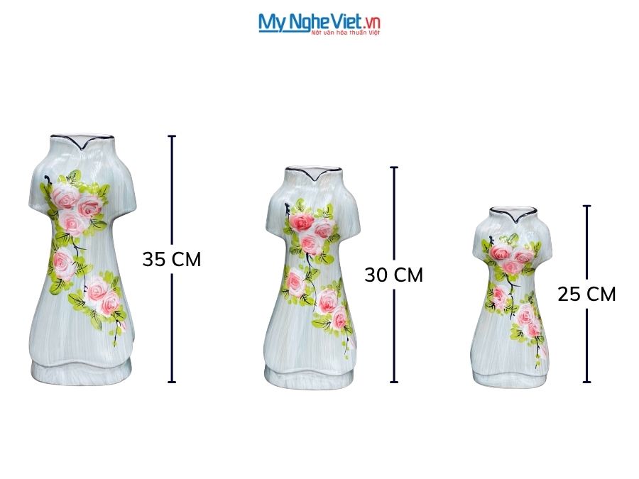 Set 3 Bình Hoa Gốm Bát Tràng Áo Dài Hoa Hồng 25-30-35cm MNV-LHGLH03/1