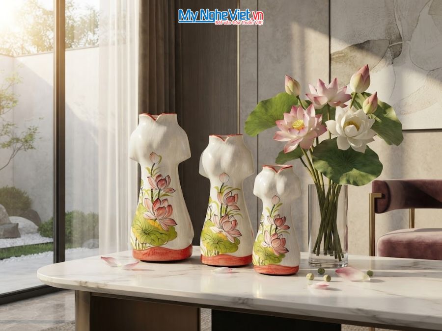 Set 3 Bình Hoa Gốm Bát Tràng Áo Dài Hoa Sen 25-30-35cm MNV-LHGLH03/5