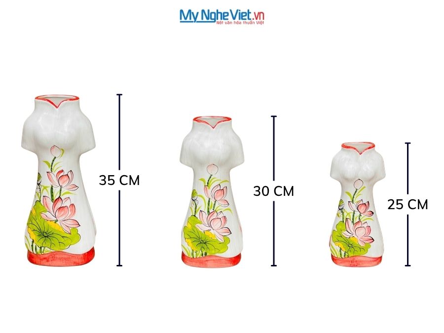 Set 3 Bình Hoa Gốm Bát Tràng Áo Dài Hoa Sen 25-30-35cm MNV-LHGLH03/5