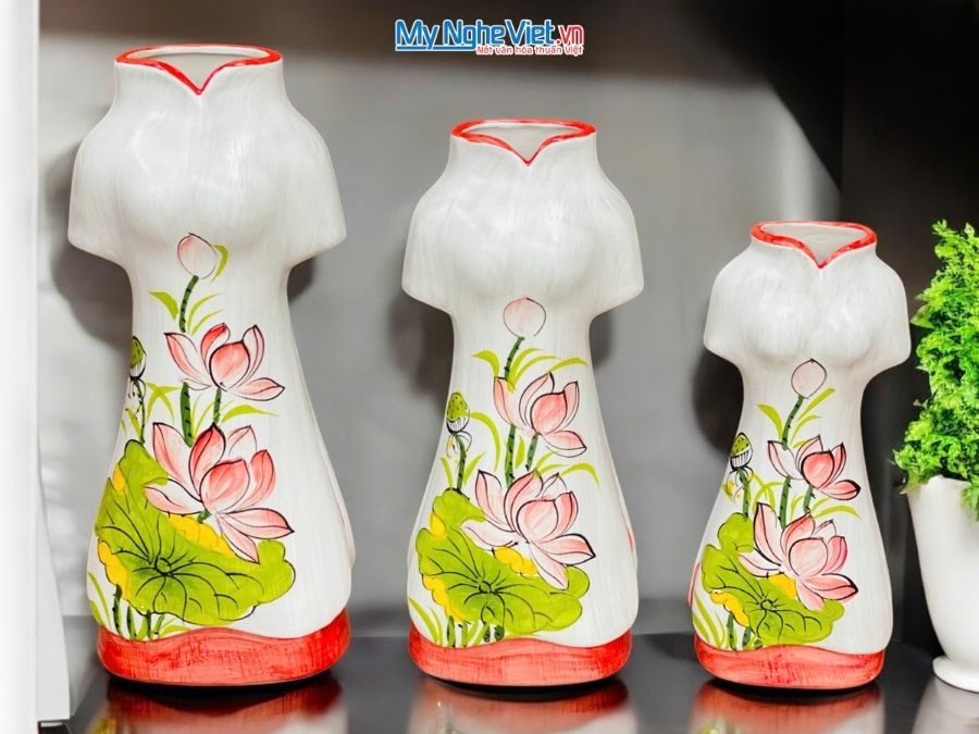 Set 3 Bình Hoa Gốm Bát Tràng Áo Dài Hoa Sen 25-30-35cm MNV-LHGLH03/5