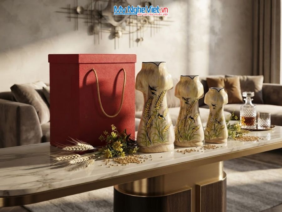 Set 3 Bình Hoa Gốm Bát Tràng Áo Dài Bông Lúa 25-30-35cm MNV-LHGLH03/4