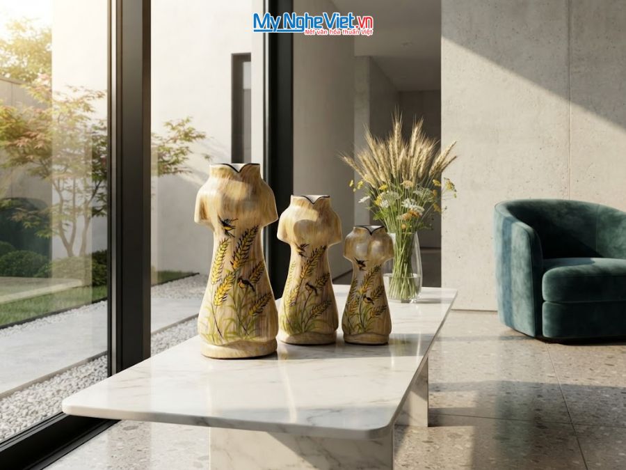 Set 3 Bình Hoa Gốm Bát Tràng Áo Dài Bông Lúa 25-30-35cm MNV-LHGLH03/4