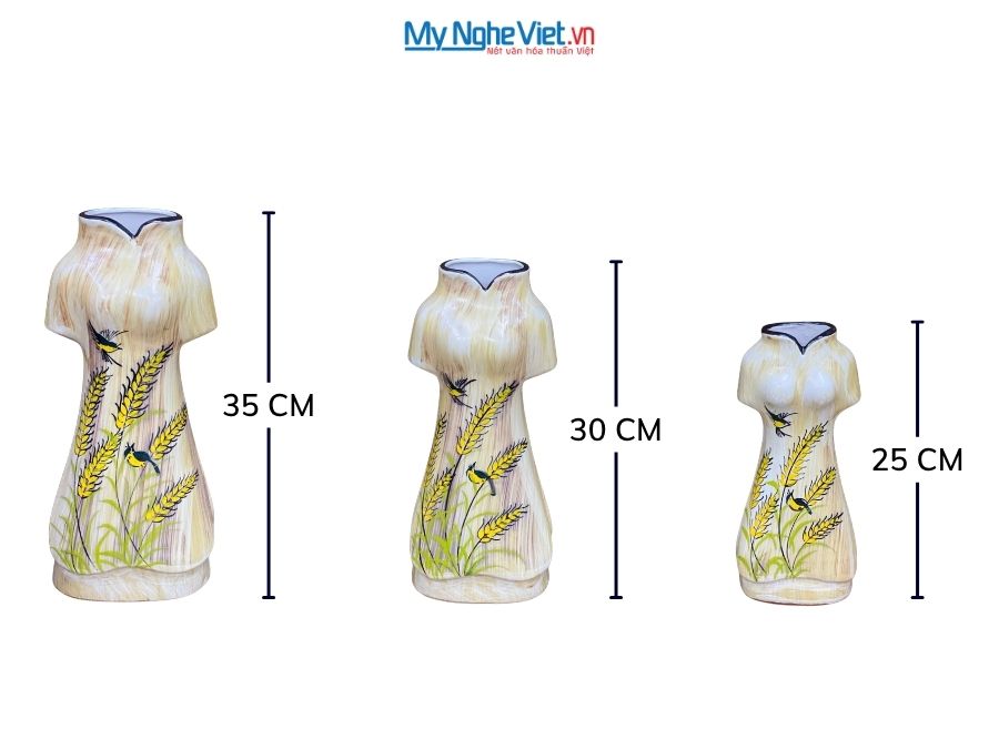 Set 3 Bình Hoa Gốm Bát Tràng Áo Dài Bông Lúa 25-30-35cm MNV-LHGLH03/4