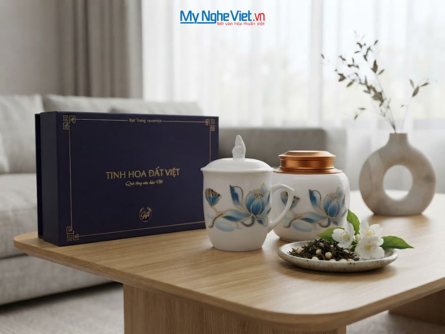 Set Quà Tặng Đối Tác/Khách Hàng - Hũ Trà Và Ly Sứ Gốm Hoa Sen CBG002.7