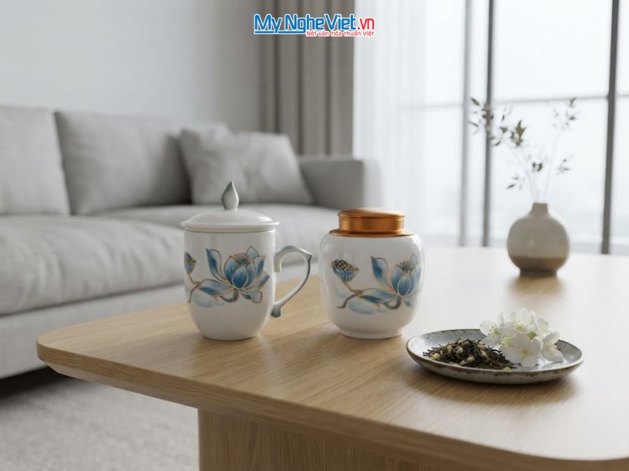 Set Quà Tặng Đối Tác/Khách Hàng - Hũ Trà Và Ly Sứ Gốm Hoa Sen CBG002.7