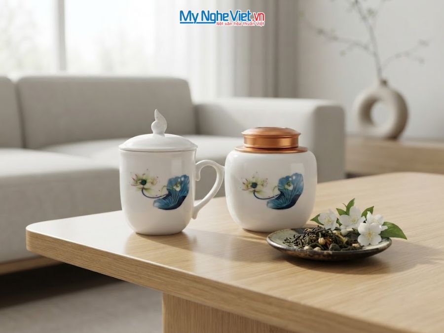 Set Quà Tặng Đối Tác/Khách Hàng - Hũ Trà Và Ly Sứ Gốm Hoa Sen CBG002.6