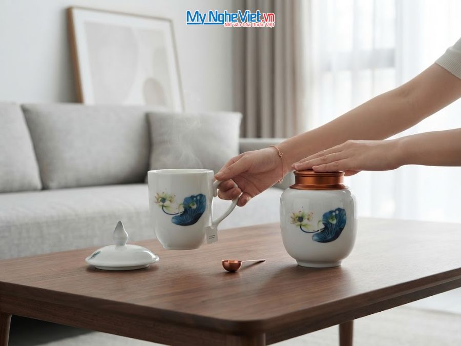 Set Quà Tặng Đối Tác/Khách Hàng - Hũ Trà Và Ly Sứ Gốm Hoa Sen CBG002.6