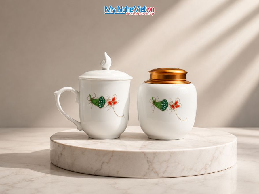 Set Quà Tặng Đối Tác/Khách Hàng - Hũ Trà Và Ly Sứ Gốm Hoa Sen CBG002.5