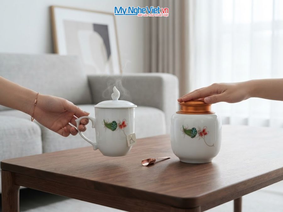 Set Quà Tặng Đối Tác/Khách Hàng - Hũ Trà Và Ly Sứ Gốm Hoa Sen CBG002.5