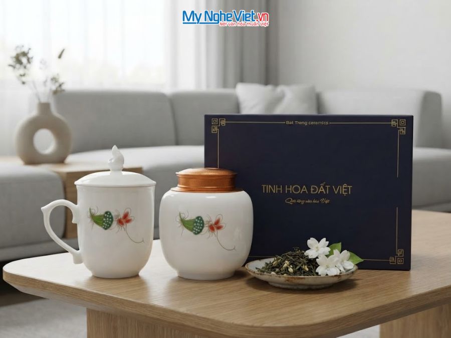 Set Quà Tặng Đối Tác/Khách Hàng - Hũ Trà Và Ly Sứ Gốm Hoa Sen CBG002.5