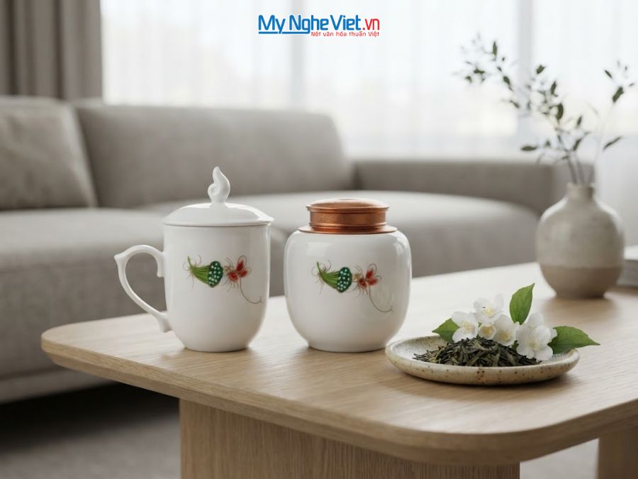 Set Quà Tặng Đối Tác/Khách Hàng - Hũ Trà Và Ly Sứ Gốm Hoa Sen CBG002.5