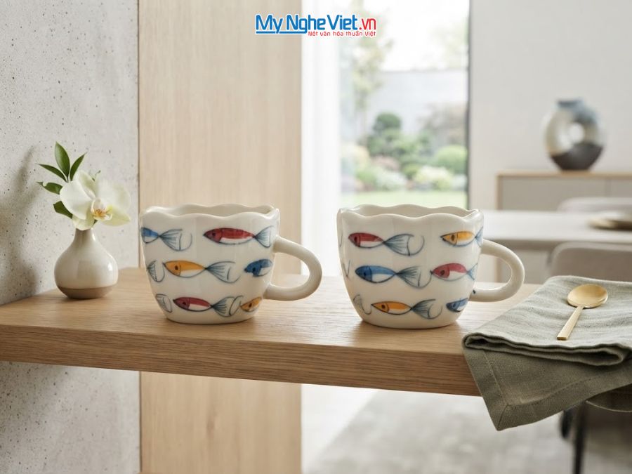 Set Quà Tặng 2 Ly Sứ Vẽ Tay Họa Tiết Cá Nhỏ CBLSH02.2
