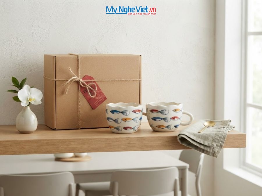 Set Quà Tặng 2 Ly Sứ Vẽ Tay Họa Tiết Cá Nhỏ CBLSH02.2