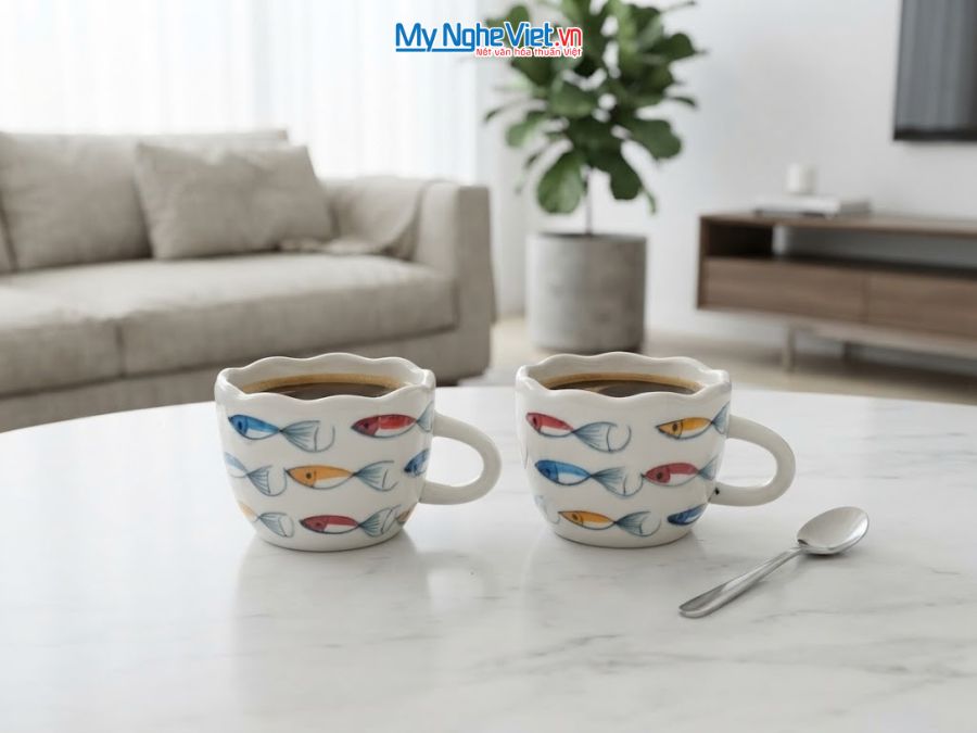 Set Quà Tặng 2 Ly Sứ Vẽ Tay Họa Tiết Cá Nhỏ CBLSH02.2