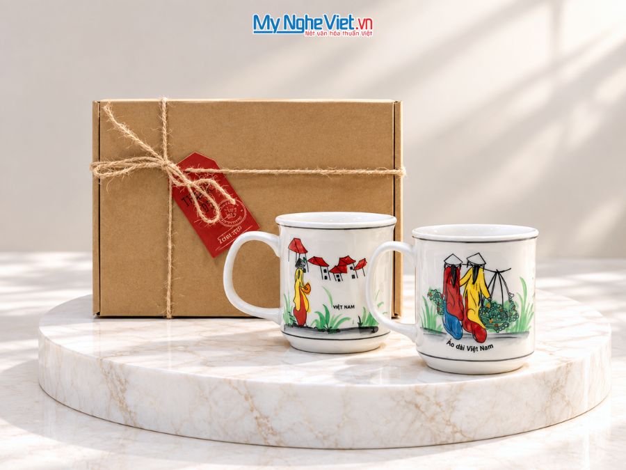 Set Quà Tặng 2 Ly Sứ Men Bóng Vẽ Cô Gái Áo Dài CBLSH01