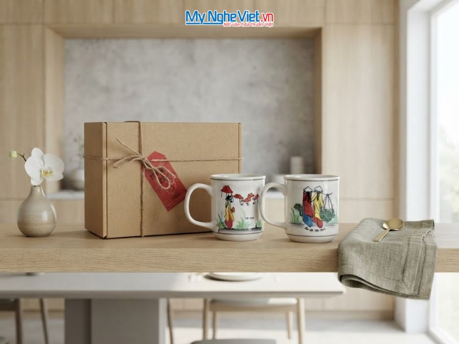 Set Quà Tặng 2 Ly Sứ Men Bóng Vẽ Cô Gái Áo Dài CBLSH01