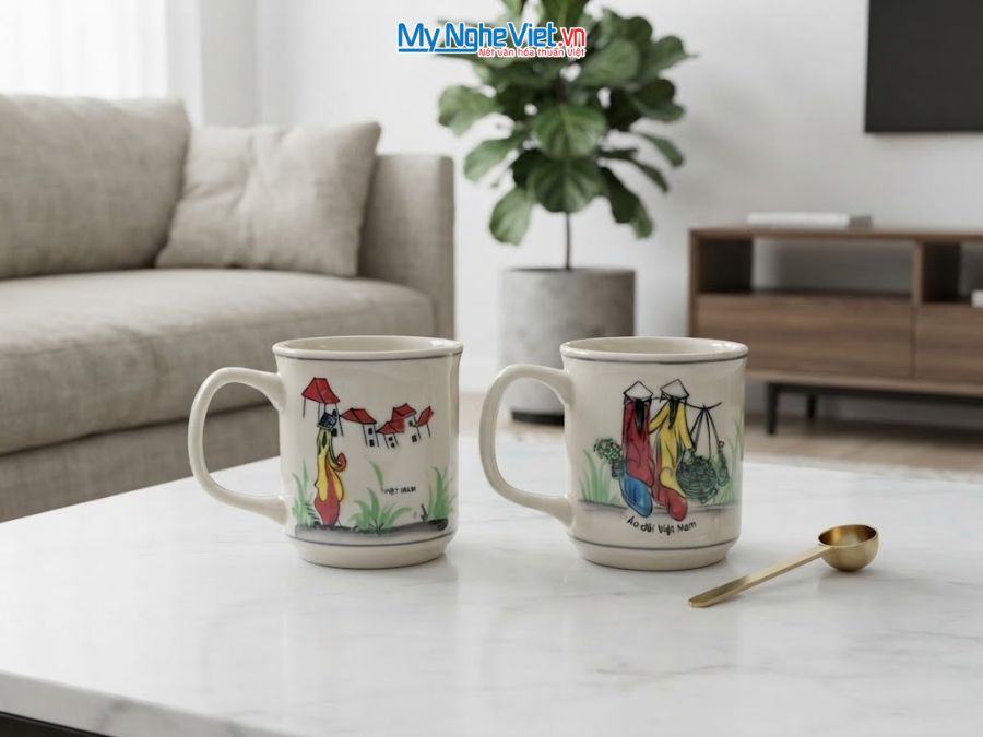 Set Quà Tặng 2 Ly Sứ Men Bóng Vẽ Cô Gái Áo Dài CBLSH01
