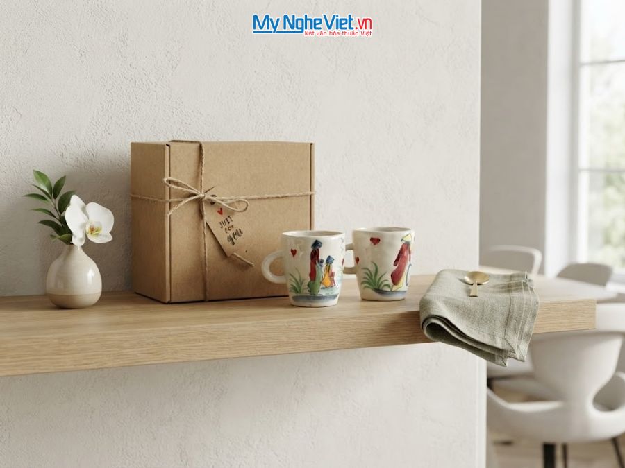 Set Quà Tặng 2 Ly Sứ Nhỏ Vẽ Cô Gái Áo Dài CBLSH05