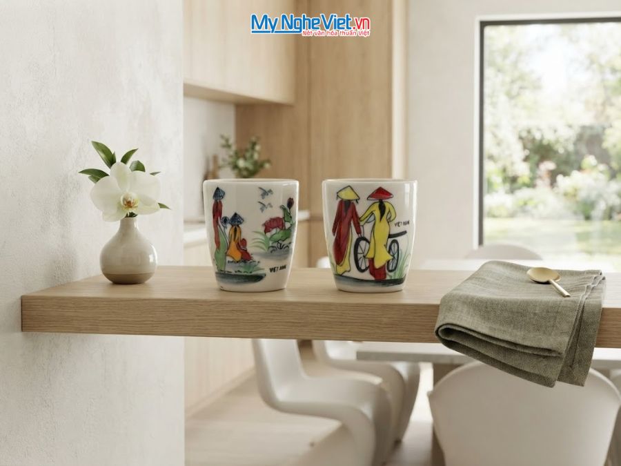 Set Quà Tặng 2 Ly Sứ Nhỏ Vẽ Cô Gái Áo Dài CBLSH05