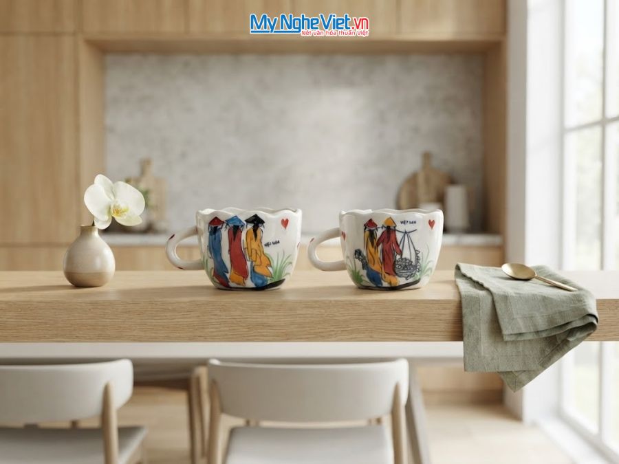 Set Quà Tặng 2 Ly Sứ Vẽ Tay Họa Tiết Cô Gái Áo Dài CBLSH02