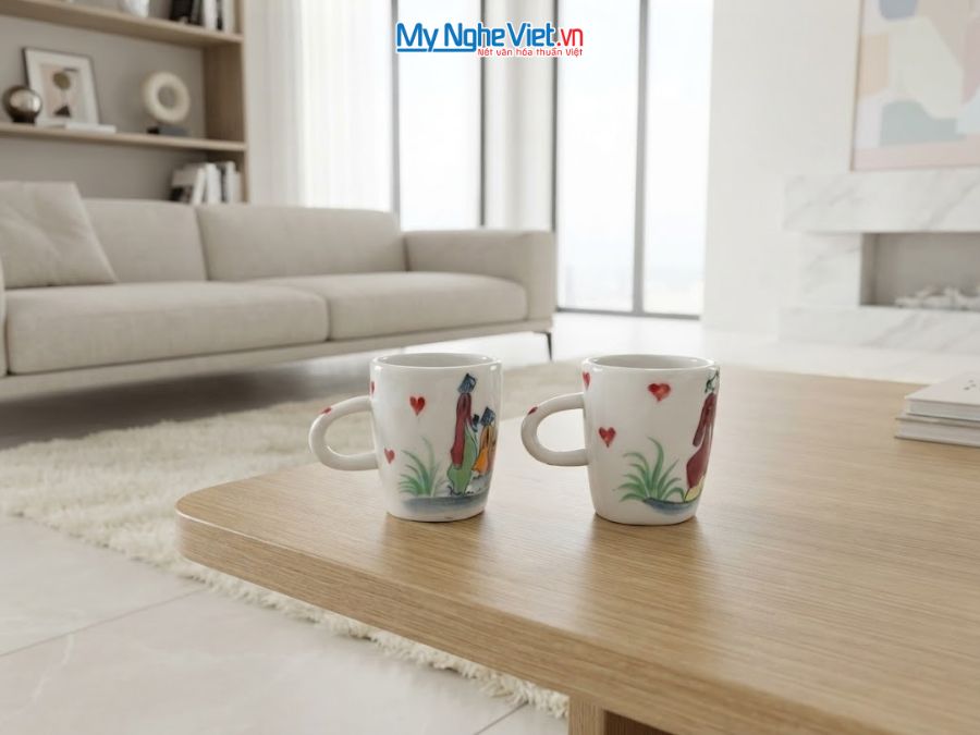 Set Quà Tặng 2 Ly Sứ Nhỏ Vẽ Cô Gái Áo Dài CBLSH05