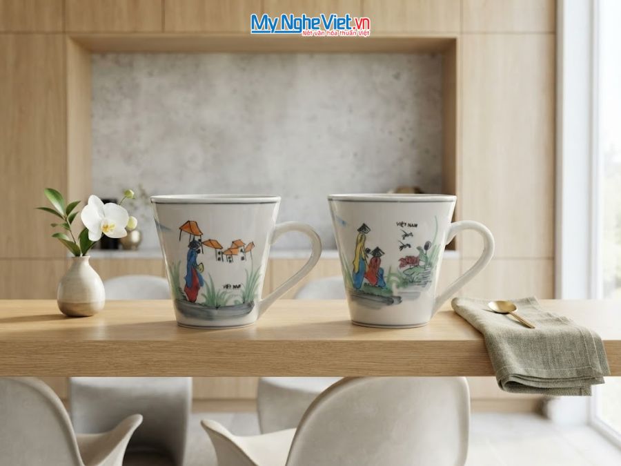 Set Quà Tặng 2 Ly Sứ Men Bóng Vẽ Cô Gái Áo Dài CBLSH01.2