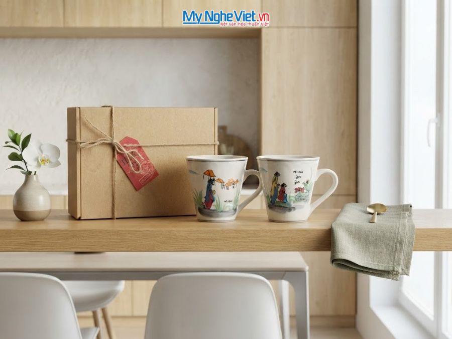 Set Quà Tặng 2 Ly Sứ Men Bóng Vẽ Cô Gái Áo Dài CBLSH01.2