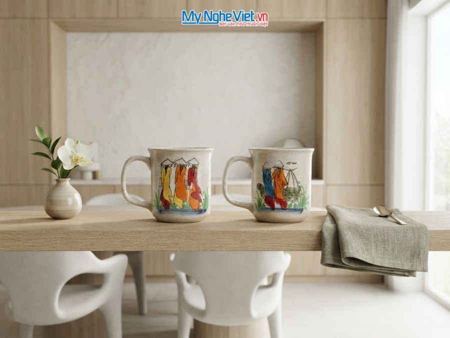 Set Quà Tặng 2 Ly Sứ Men Tấm Vẽ Cô Gái Áo Dài CBLSH01.1