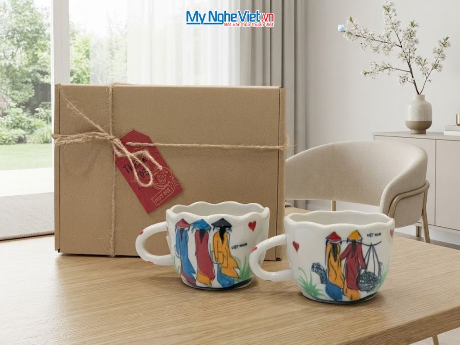 Set Quà Tặng 2 Ly Sứ Vẽ Tay Họa Tiết Cô Gái Áo Dài CBLSH02