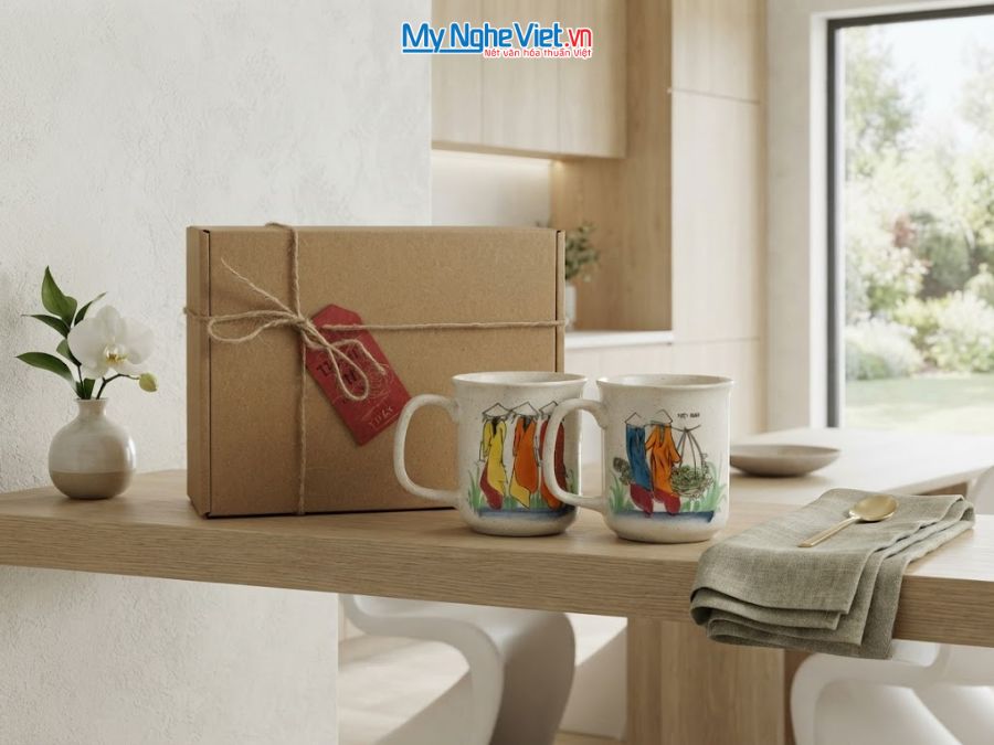 Set Quà Tặng 2 Ly Sứ Men Tấm Vẽ Cô Gái Áo Dài CBLSH01.1