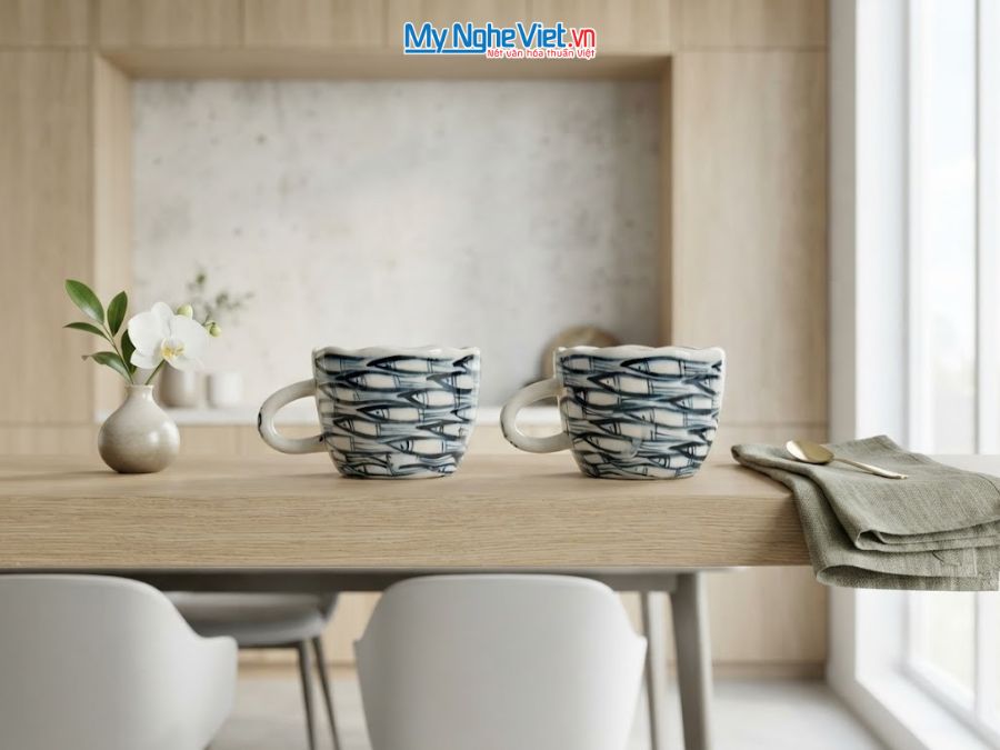 Set Quà Tặng 2 Ly Sứ Vẽ Tay Họa Tiết Cá Nhỏ Cổ Điển CBLSH02.1